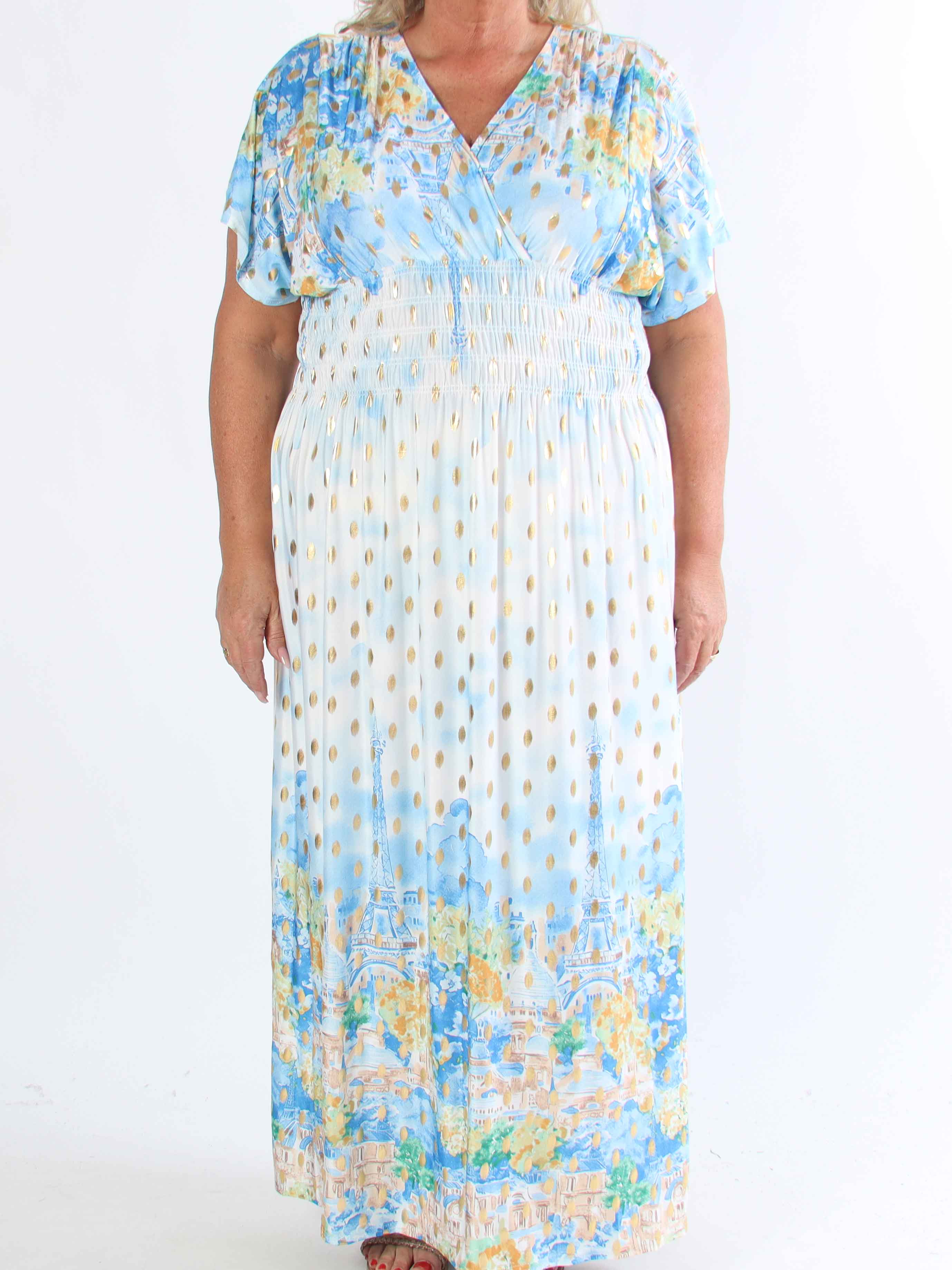 Pams Paris - Lang elastisk plus size kjole med guld dutter